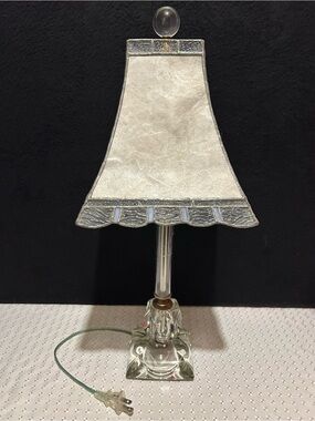 Vintage Glass Base Table Lamp with White Stained-Glass Shade Etched Glass Shaft
